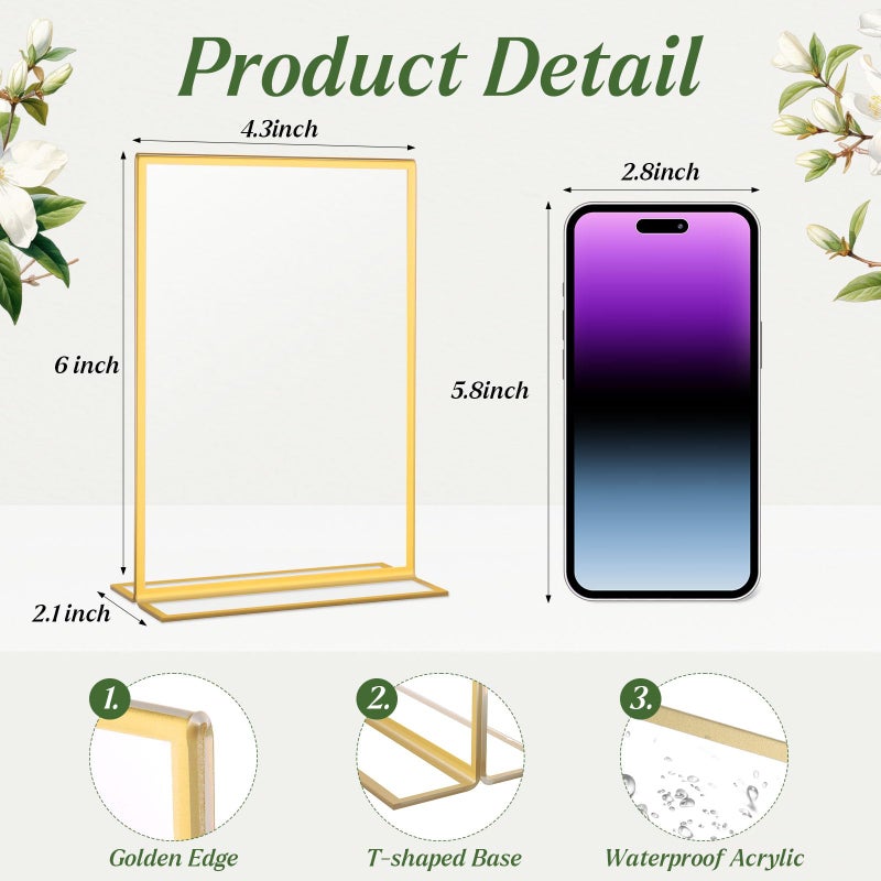 Alffun 10 Pack Gold Acrylic Sign Holders 4x6 Inch, Double Sided Vertical Stand Clear Picture Frames, Table Menu Display Holders for Wedding Table Numbers, Restaurant Signs, Party and Office Photos - Image 3