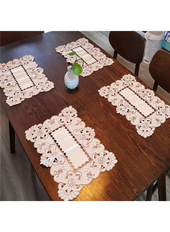 17 Inch X 11 Inch Embroidered Flower Brown Place mats, Set of 4, Elegant Classic Washable Lace Place Mats, Home Decoration Party  - Image 1