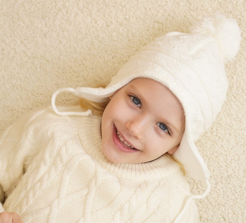 Connectyle Infant Baby Beanie Hat Kids Warm Winter Hats with Earflaps Skull Cap Toddler Knit Acrylic Watch Cap S White - Image 2