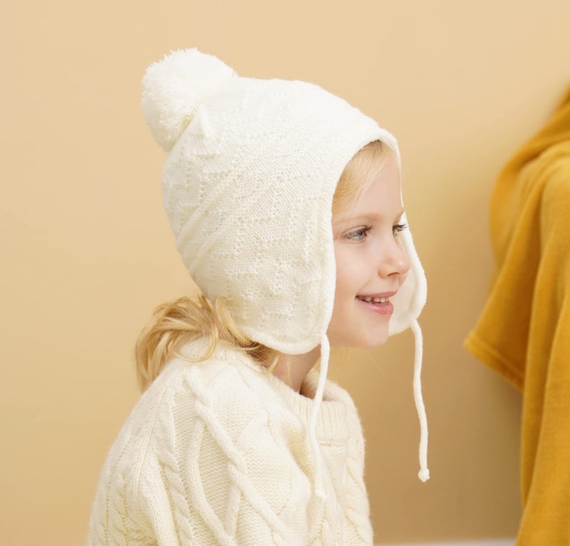 Connectyle Infant Baby Beanie Hat Kids Warm Winter Hats with Earflaps Skull Cap Toddler Knit Acrylic Watch Cap S White - Image 4