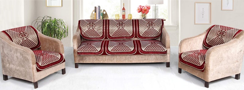 Nendle Chenille Velvet Fabric 5 Seater Sofa Cover (Maroon, Set of 6 Pieces) - Image 2