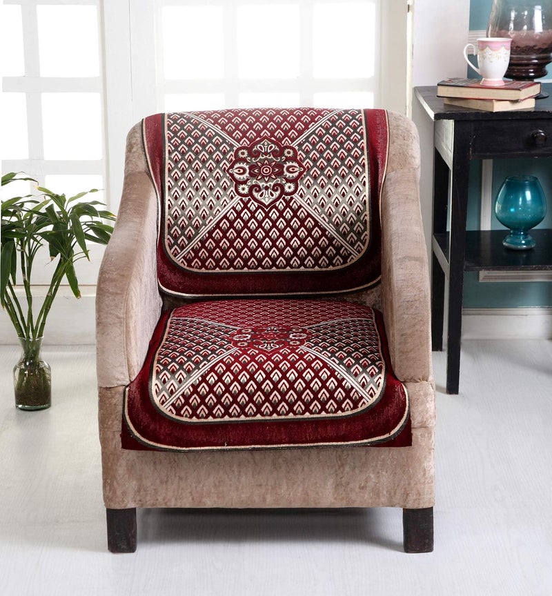 Nendle Chenille Velvet Fabric 5 Seater Sofa Cover (Maroon, Set of 6 Pieces) - Image 4