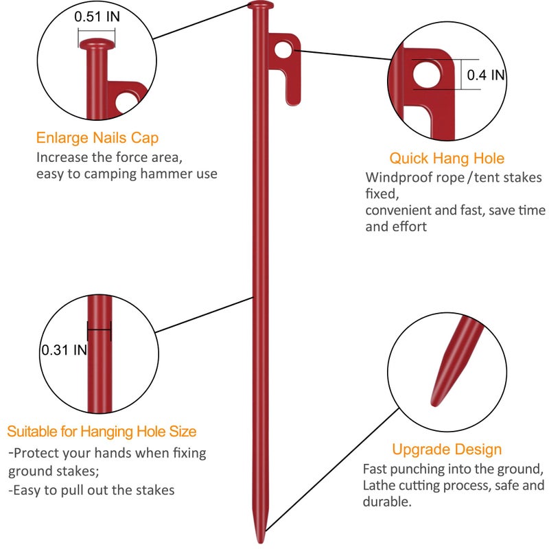 RIY 8 Pack Tent Stakes Heavy Duty 12 inch Steel Tent Pegs for Camping Unbreakable and Inflexible-Red - Image 3