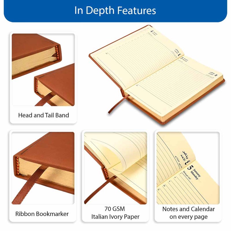 FIS 2026 Golden A5 Diary, 148x210mm, 1 Side Padded Italian PU Cover Materials, Round Corners, Gold Gilded Edges, Arabic/English, 70gsm Italian Ivory Paper, Brown Cover - FSDI19AEG26BR - Image 5