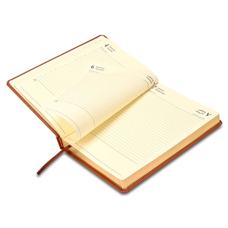 FIS 2026 Golden A5 Diary, 148x210mm, 1 Side Padded Italian PU Cover Materials, Round Corners, Gold Gilded Edges, Arabic/English, 70gsm Italian Ivory Paper, Brown Cover - FSDI19AEG26BR - Image 4