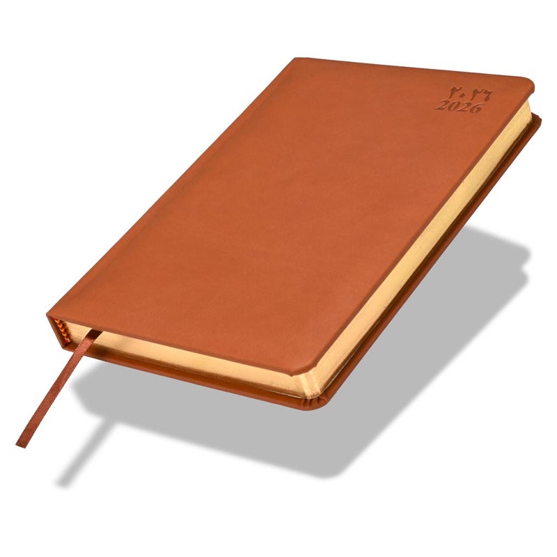 FIS 2026 Golden A5 Diary, 148x210mm, 1 Side Padded Italian PU Cover Materials, Round Corners, Gold Gilded Edges, Arabic/English, 70gsm Italian Ivory Paper, Brown Cover - FSDI19AEG26BR - Image 1