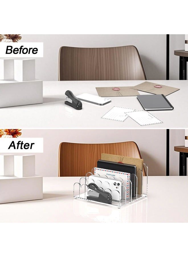 YAGELI 5-Slot Acrylic Mail Organizer for Desktop – Scalloped Clear Document Sorter, Vertical File Holder for Office/Home, Space-Saving Desk Organizer for Letters, Bills, Stationery - Image 4