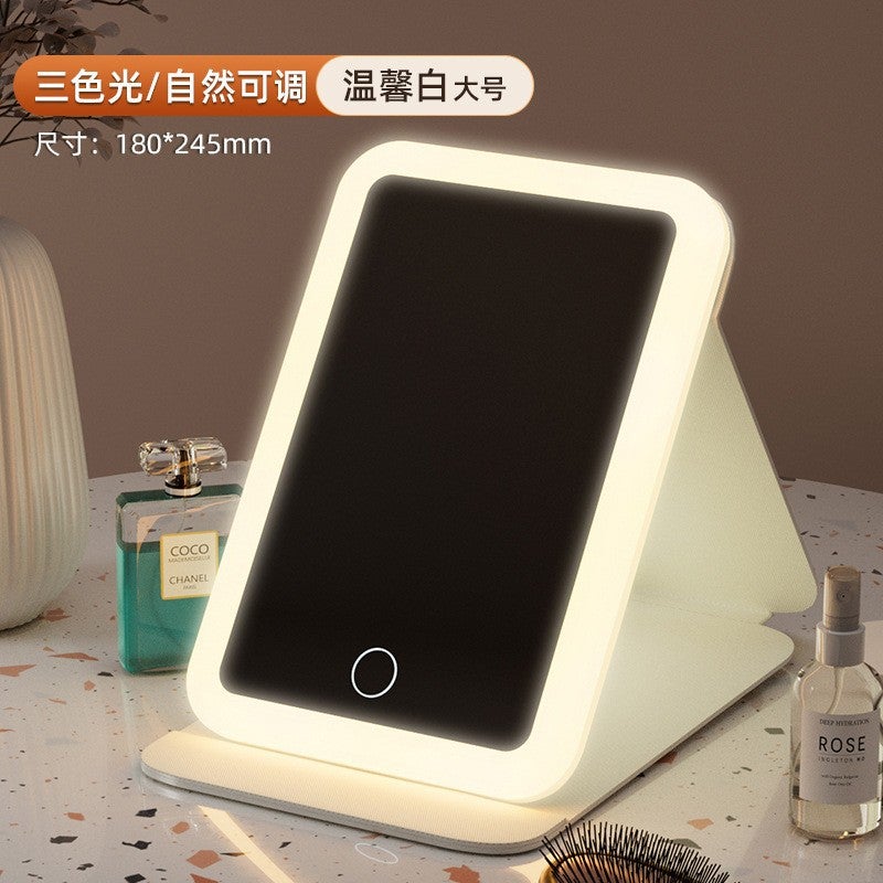 Makeup Mirror Led Mirror Beauty Makeup Folding Makeup Mirror Desktop Charging With Light Three-Color Light Fill Light Mirror Generation - Image 3
