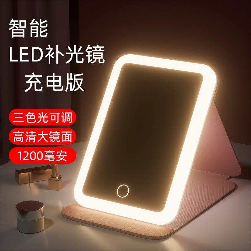 Makeup Mirror Led Mirror Beauty Makeup Folding Makeup Mirror Desktop Charging With Light Three-Color Light Fill Light Mirror Generation - Image 2