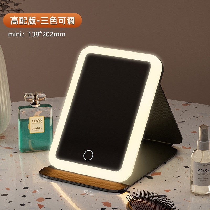 Makeup Mirror Led Mirror Beauty Makeup Folding Makeup Mirror Desktop Charging With Light Three-Color Light Fill Light Mirror Generation - Image 1
