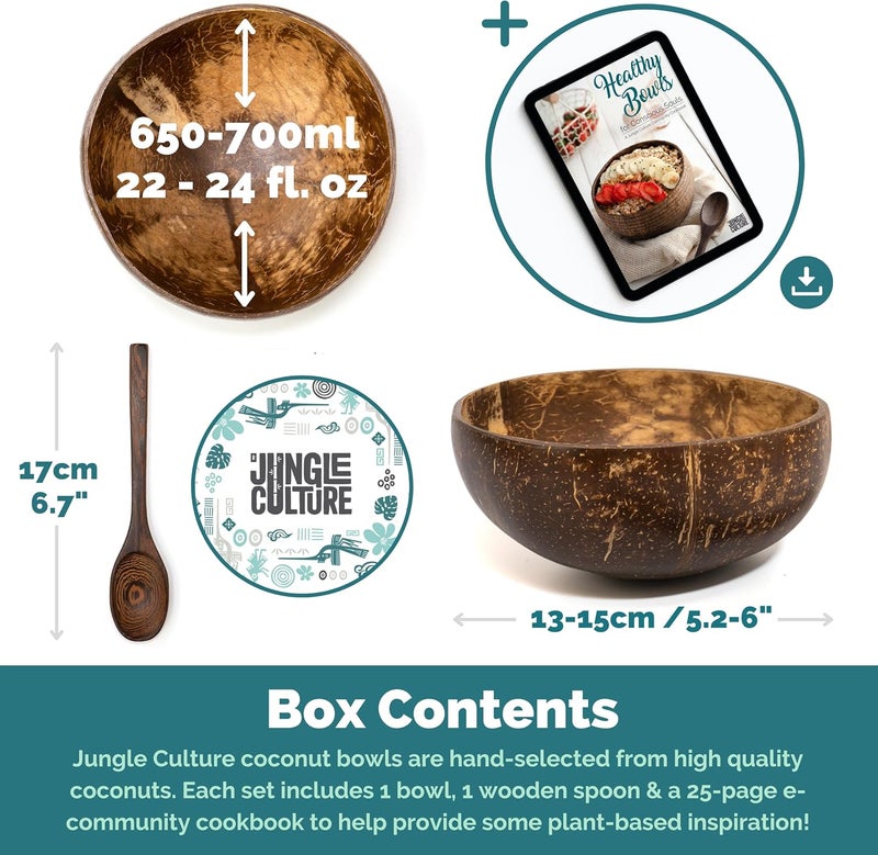 Jungle Culture 1 Coconut Bowl  Spoon with FREE eBook  Wooden Bowl  Salad Serving Bowl  Acai Smoothies Pasta Cereal Bowl  Vegan Gift Ideas  Eco Friendly Coconut Shell Bowls - Image 5