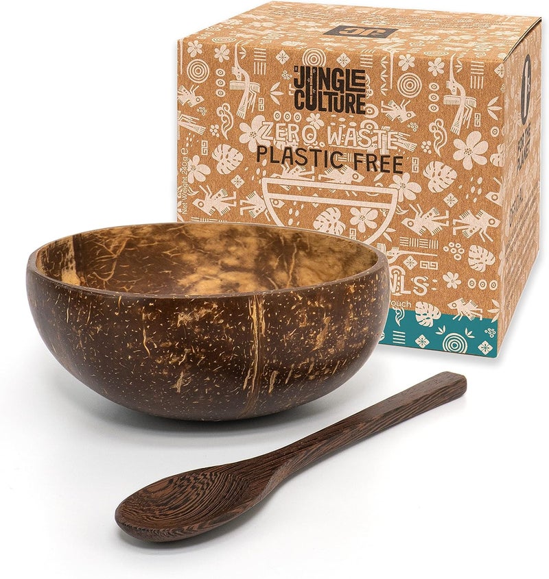 Jungle Culture 1 Coconut Bowl  Spoon with FREE eBook  Wooden Bowl  Salad Serving Bowl  Acai Smoothies Pasta Cereal Bowl  Vegan Gift Ideas  Eco Friendly Coconut Shell Bowls - Image 1