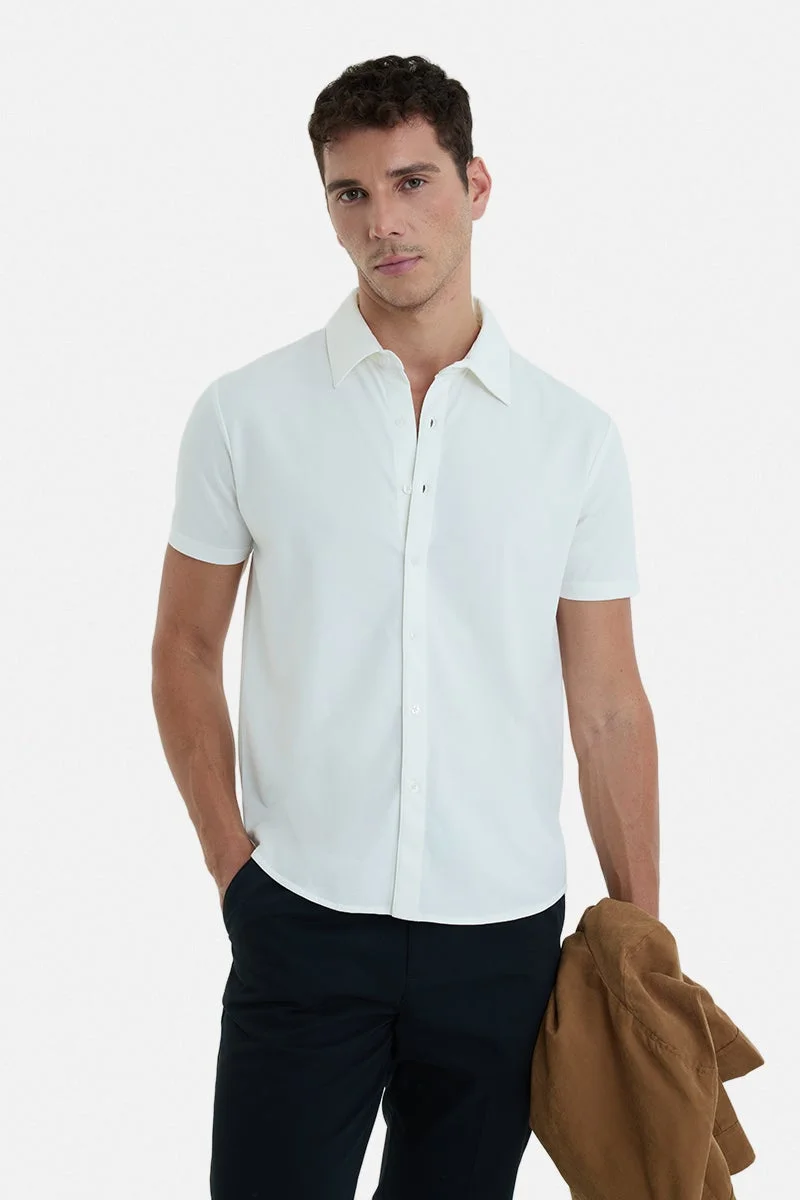 سنيتش White Textured Half Sleeve Regular Fit Casual Shirt