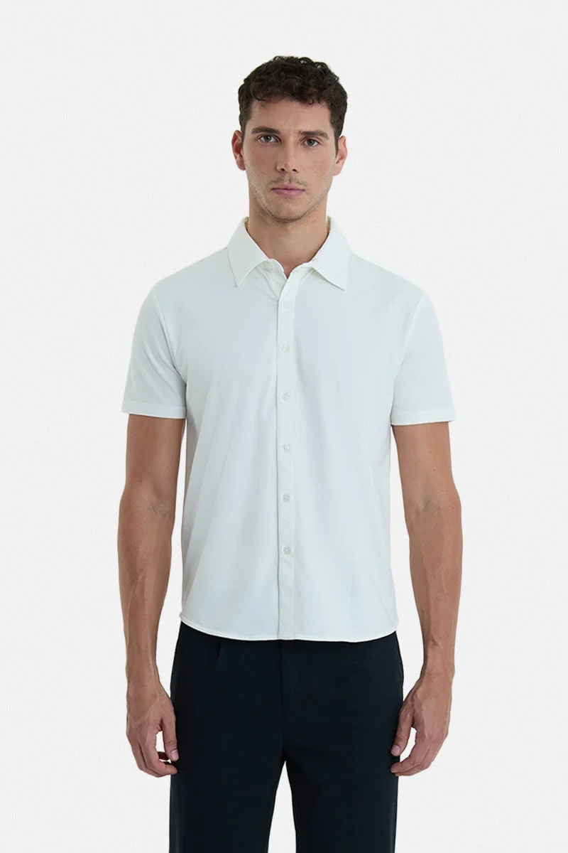سنيتش White Textured Half Sleeve Regular Fit Casual Shirt
