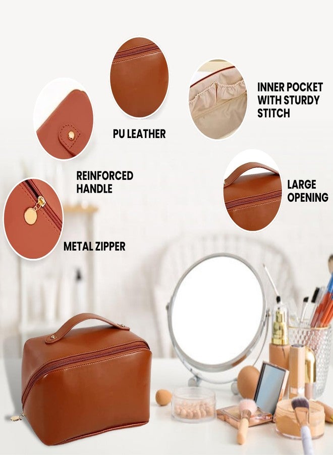 SAKUYA Large Capacity Cosmetic Travel Bag (Brown) 9.8 inches Length - Women's Portable PU Leather Makeup Storage Organizer with Handle, Divider, and Wide Opening - Ideal for Cosmetics and Travel - Image 2