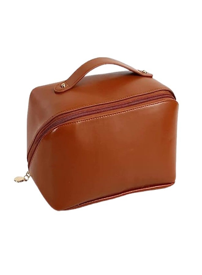SAKUYA Large Capacity Cosmetic Travel Bag (Brown) 9.8 inches Length - Women's Portable PU Leather Makeup Storage Organizer with Handle, Divider, and Wide Opening - Ideal for Cosmetics and Travel - Image 1