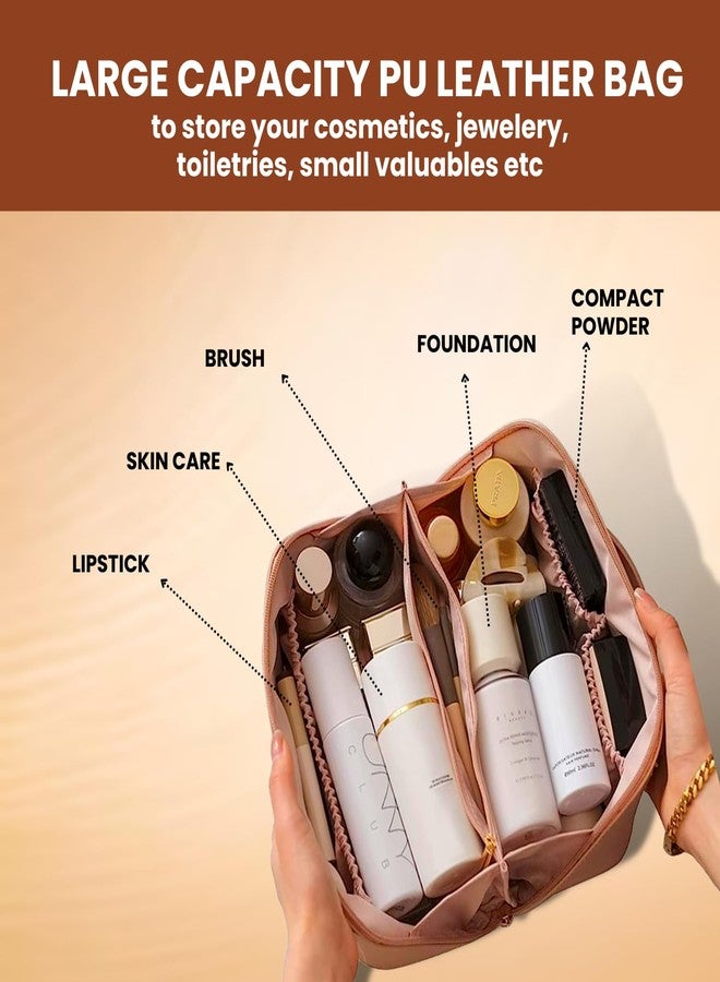 SAKUYA Large Capacity Cosmetic Travel Bag (Brown) 9.8 inches Length - Women's Portable PU Leather Makeup Storage Organizer with Handle, Divider, and Wide Opening - Ideal for Cosmetics and Travel - Image 4