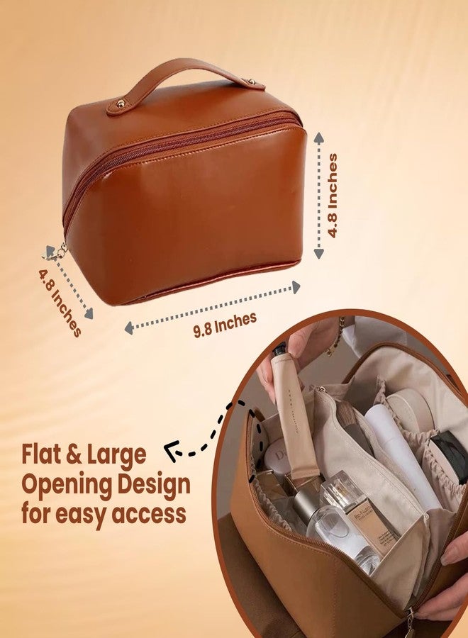 SAKUYA Large Capacity Cosmetic Travel Bag (Brown) 9.8 inches Length - Women's Portable PU Leather Makeup Storage Organizer with Handle, Divider, and Wide Opening - Ideal for Cosmetics and Travel - Image 3