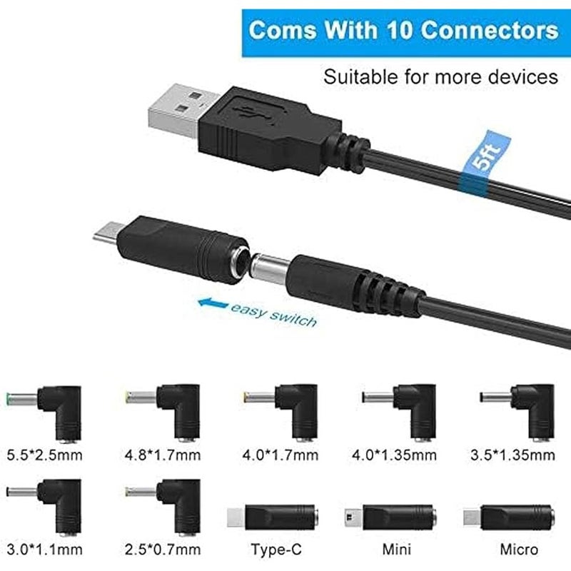 USB to DC 5-V Power Cord, Universal DC 5.5x2.1mm Plug Jack Charging Cable with 10 Connector Tips(5.5*2.5, 4.8*1.7, 4.0*1.7, 4.0*1.35, 3.5*1.35, 3.0*1.1, 2.5*0.7, Micro USB, Type-C, Mini USB) - Image 3