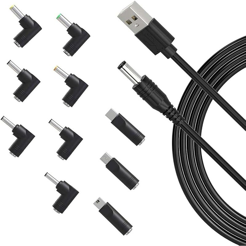 USB to DC 5-V Power Cord, Universal DC 5.5x2.1mm Plug Jack Charging Cable with 10 Connector Tips(5.5*2.5, 4.8*1.7, 4.0*1.7, 4.0*1.35, 3.5*1.35, 3.0*1.1, 2.5*0.7, Micro USB, Type-C, Mini USB) - Image 1