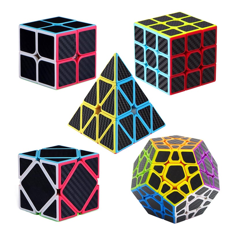 Roxenda Speed Cube Set 5 Pack Magic Cube Bundle of 2x2 3x3 Skew Megaminx Cube and Pyramid Cube Smoothly Speed Cubes Collection for Kids Teens  Adults Carbon Fiber - Image 2