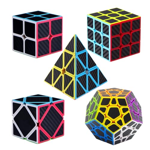 Roxenda Speed Cube Set 5 Pack Magic Cube Bundle of 2x2 3x3 Skew Megaminx Cube and Pyramid Cube Smoothly Speed Cubes Collection for Kids Teens  Adults Carbon Fiber - Image 1