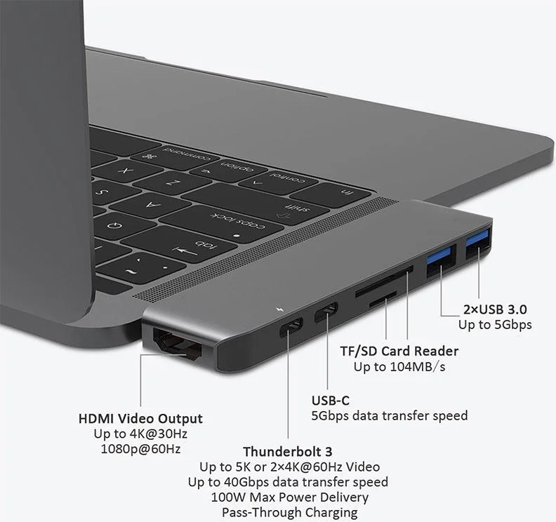 Basix USB C 7 in 1 Multiport Aluminum HDMI Converter, 2xUSB 3.0 Hub, Card Reader, 2xUSB C to Space Gray (BSX-P1G)
