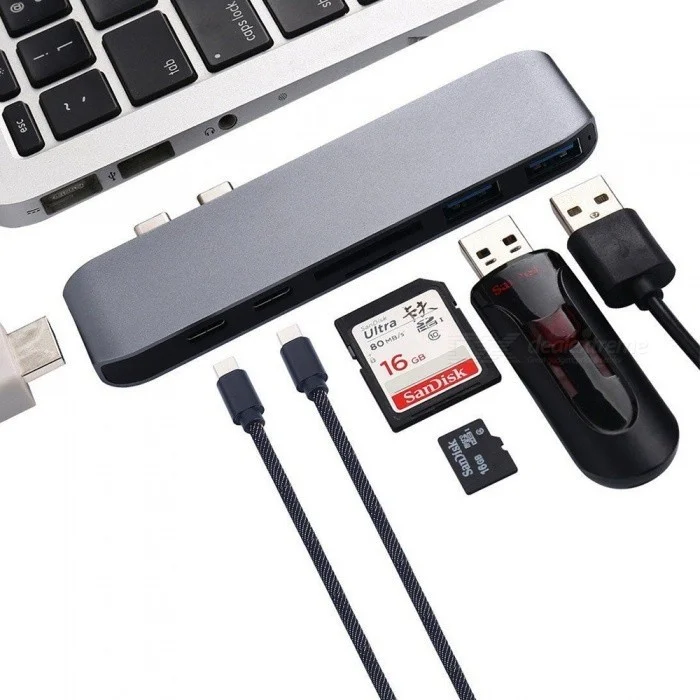 Basix USB C 7 in 1 Multiport Aluminum HDMI Converter, 2xUSB 3.0 Hub, Card Reader, 2xUSB C to Space Gray (BSX-P1G)
