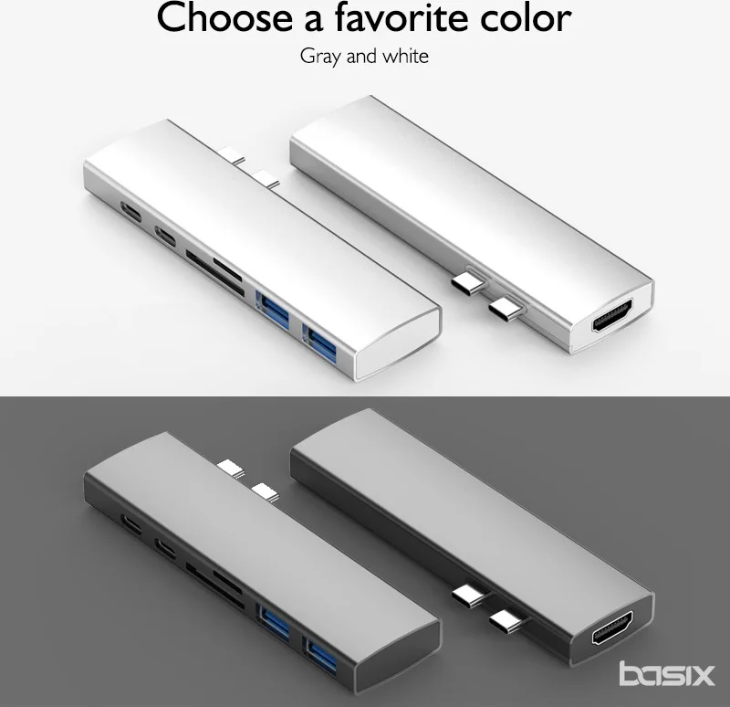 Basix USB C 7 in 1 Multiport Aluminum HDMI Converter, 2xUSB 3.0 Hub, Card Reader, 2xUSB C to Space Gray (BSX-P1G)