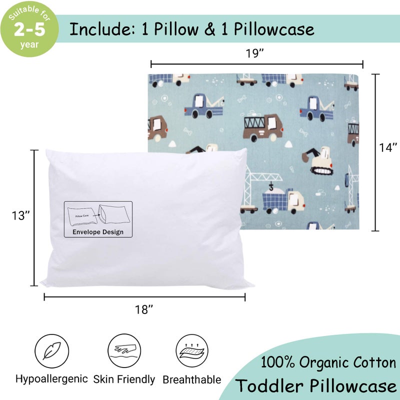 ZPECC Toddler Pillow with Pillowcase - 13x18 Organic Cotton Hypoallergenic Kids Pillow, Baby Essentials for Travel Crib Daycare Stroller (Intended for Age 2 and up) Truck - Image 2