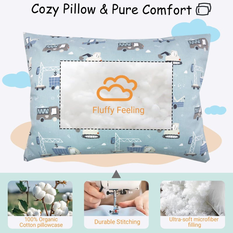 ZPECC Toddler Pillow with Pillowcase - 13x18 Organic Cotton Hypoallergenic Kids Pillow, Baby Essentials for Travel Crib Daycare Stroller (Intended for Age 2 and up) Truck - Image 5