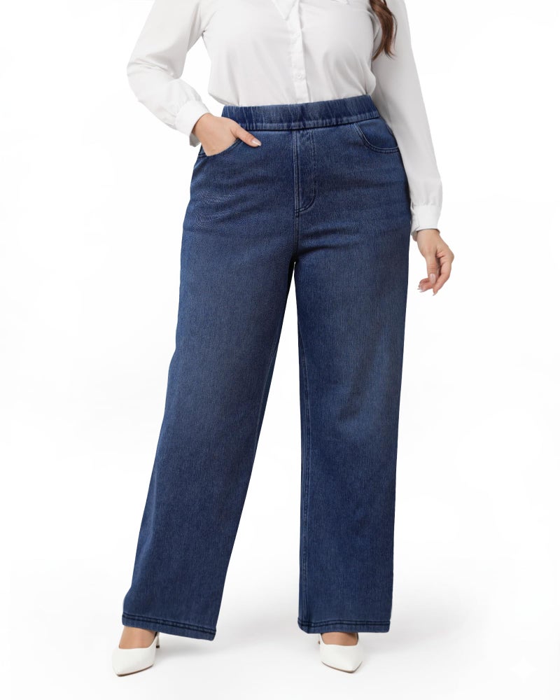 TONIRY Plus Size Jeans for Curvy Women, Plus Size Wide Leg Pull on Dark Blue Denim Jeans Stretchy Elastic High Waisted Straight Leg Pants Tummy Control, Dark Blue, 3XL - Image 1