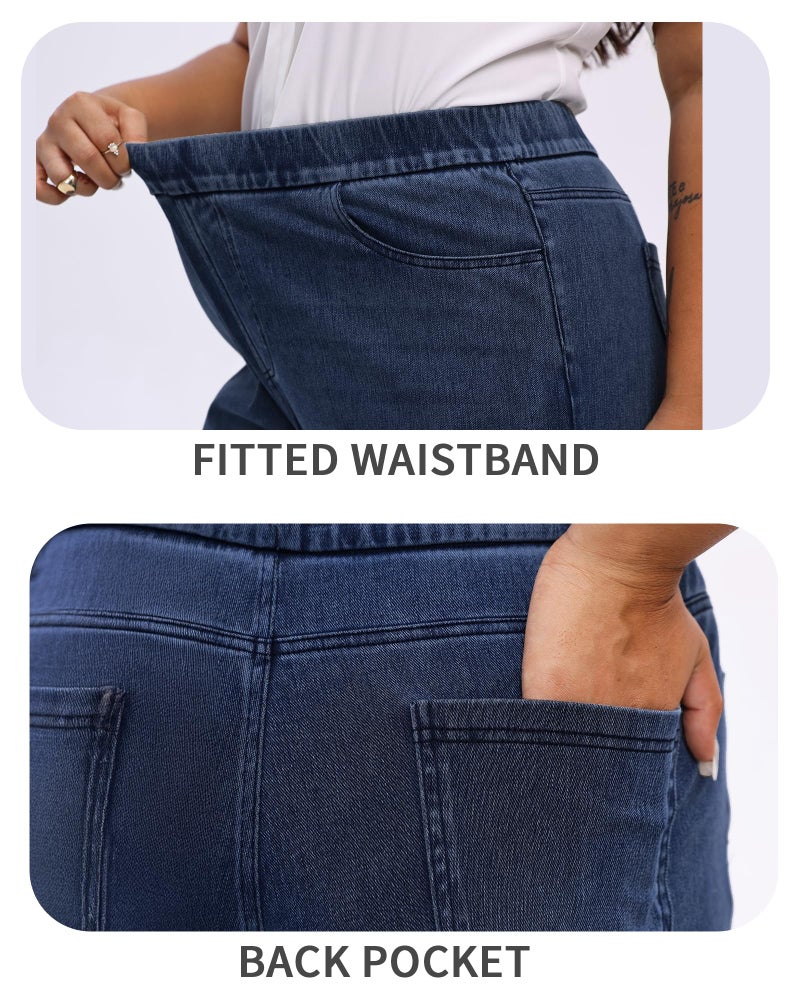 TONIRY Plus Size Jeans for Curvy Women, Plus Size Wide Leg Pull on Dark Blue Denim Jeans Stretchy Elastic High Waisted Straight Leg Pants Tummy Control, Dark Blue, 3XL - Image 5