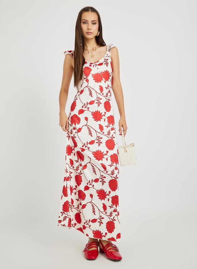 تايك تو فستان ماكسي بطبعات زهور بياقة مستديرة وأشرطة - Image 1