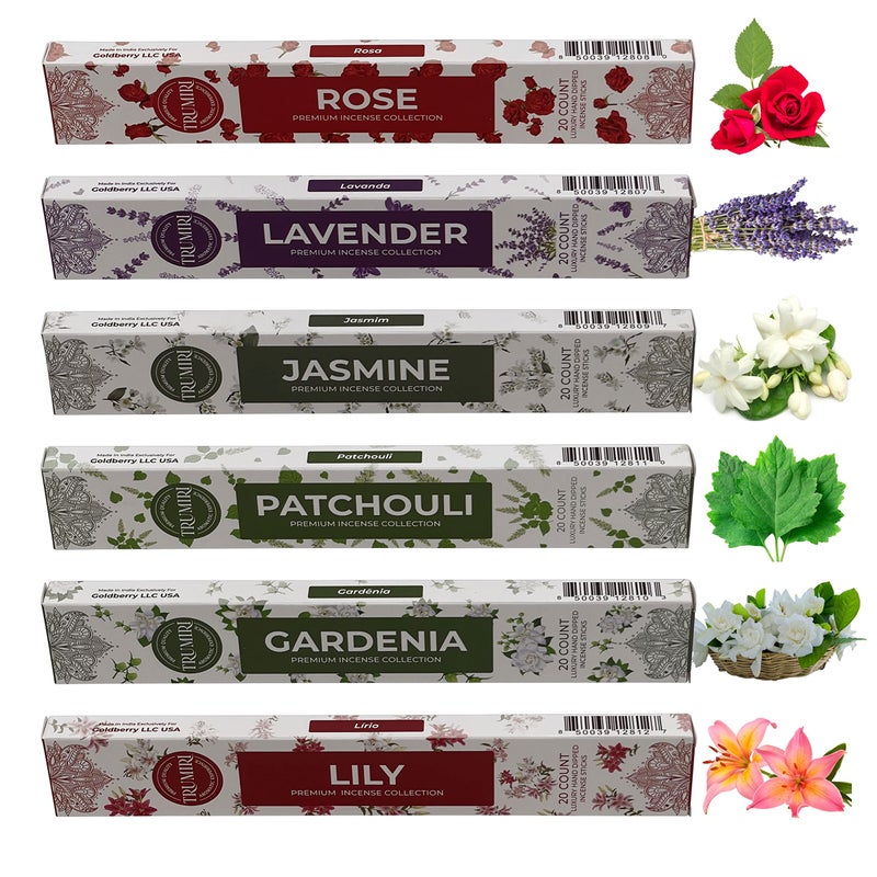 TRUMIRI Floral Incense Sticks Variety Pack & Incense Burner - Gift Set - 120 Inciensos Aromaticos (6 fragrances x 20 Pieces Each) - Rose Lavender Jasmine Patchouli Gardenia Lily - Natural Organic Non-Toxic - Image 5