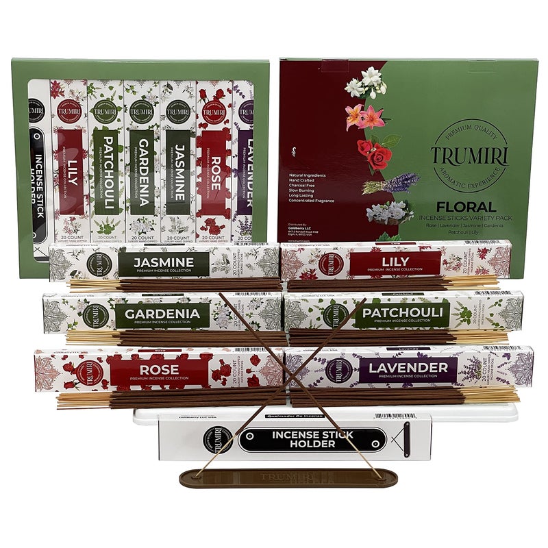 TRUMIRI Floral Incense Sticks Variety Pack & Incense Burner - Gift Set - 120 Inciensos Aromaticos (6 fragrances x 20 Pieces Each) - Rose Lavender Jasmine Patchouli Gardenia Lily - Natural Organic Non-Toxic - Image 1
