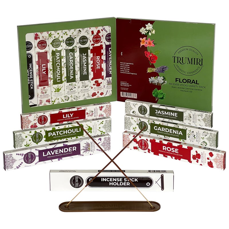 TRUMIRI Floral Incense Sticks Variety Pack & Incense Burner - Gift Set - 120 Inciensos Aromaticos (6 fragrances x 20 Pieces Each) - Rose Lavender Jasmine Patchouli Gardenia Lily - Natural Organic Non-Toxic - Image 4