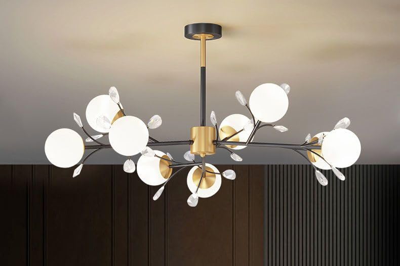 Decor Chronicle 9-Light Globe Branch Chandelier | Modern Gold & Black Ceiling Light for Living Room, Dining & Bedroom | Frosted Glass Shades with Crystal Accents | E27 Bulb Compatible | Adjustable Rod - Image 1