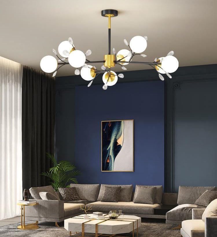 Decor Chronicle 9-Light Globe Branch Chandelier | Modern Gold & Black Ceiling Light for Living Room, Dining & Bedroom | Frosted Glass Shades with Crystal Accents | E27 Bulb Compatible | Adjustable Rod - Image 5