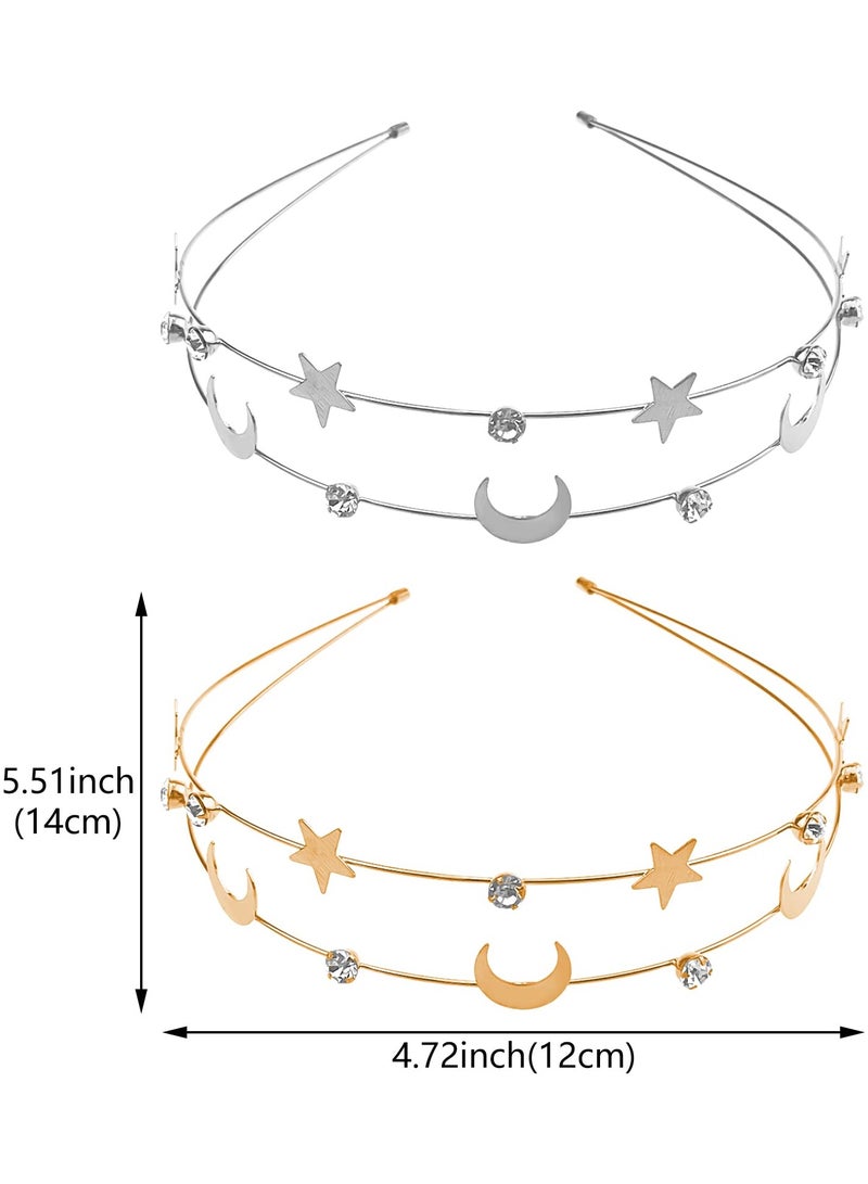 KHAJUL 2 Pieces Crystal Headband, Moon and Star Layered Metal Hair Hoop for Women and Girls, Elegant Wedding and Daily Accessories (Silver + Gold) - Image 2