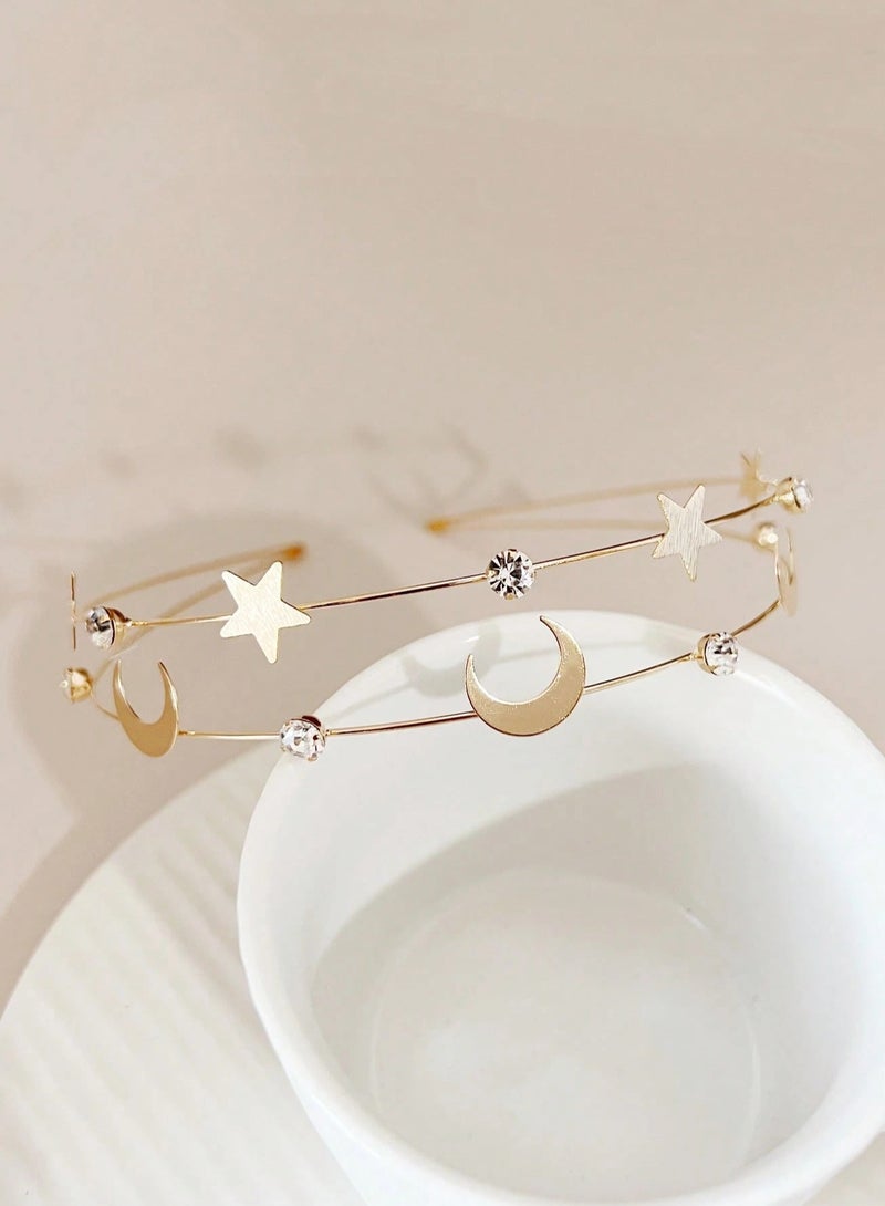 KHAJUL 2 Pieces Crystal Headband, Moon and Star Layered Metal Hair Hoop for Women and Girls, Elegant Wedding and Daily Accessories (Silver + Gold) - Image 4
