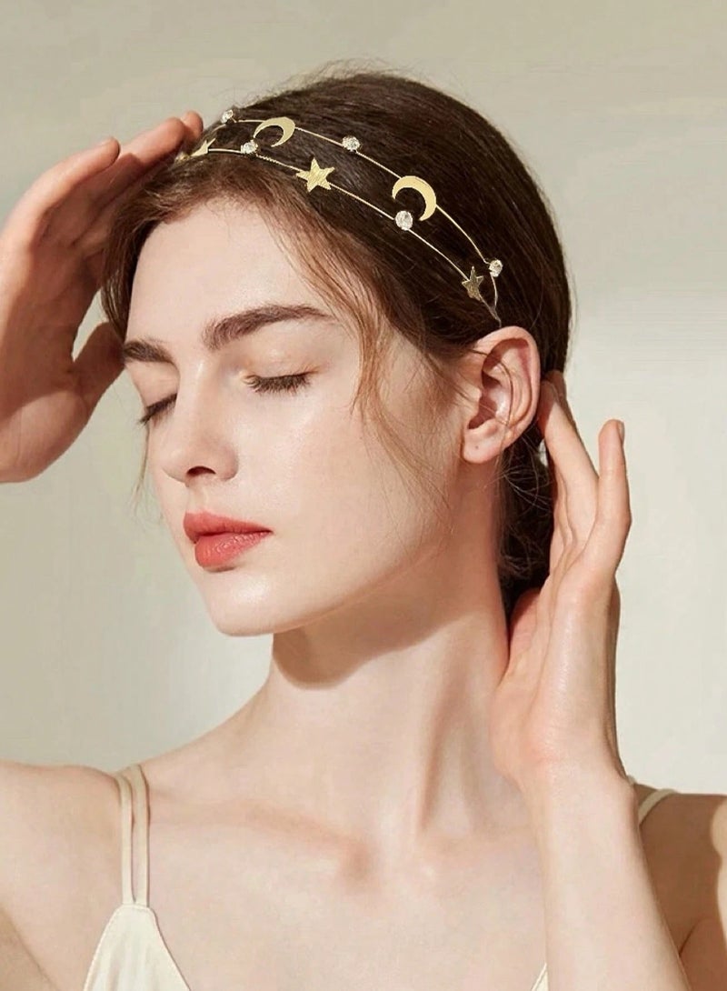 KHAJUL 2 Pieces Crystal Headband, Moon and Star Layered Metal Hair Hoop for Women and Girls, Elegant Wedding and Daily Accessories (Silver + Gold) - Image 5