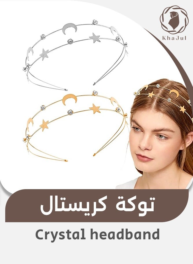 KHAJUL 2 Pieces Crystal Headband, Moon and Star Layered Metal Hair Hoop for Women and Girls, Elegant Wedding and Daily Accessories (Silver + Gold) - Image 1