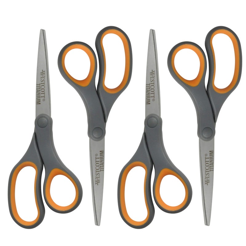 Westcott 8-Inch Titanium Bonded Straight Scissors, Soft Handle, Gray/Yellow, 4-Pack - Image 1