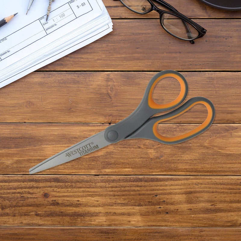 Westcott 8-Inch Titanium Bonded Straight Scissors, Soft Handle, Gray/Yellow, 4-Pack - Image 4