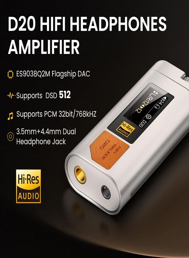 HIFI WALKER D20 DAC512 Portable Headphone Amp/DAC - USB Hi-Res Audio Dongle with 4.4mm Balanced & 3.5mm Output, ES9038Q2M + CT7601PR, Support PCM 768kHz/DSD512, CNC Aluminum, OLED Display - Image 2