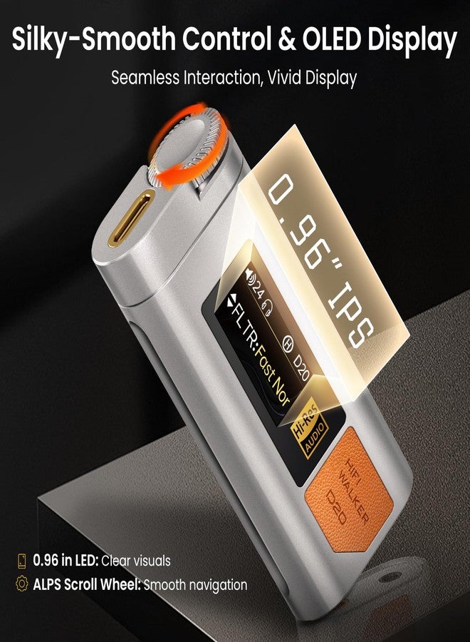 HIFI WALKER D20 DAC512 Portable Headphone Amp/DAC - USB Hi-Res Audio Dongle with 4.4mm Balanced & 3.5mm Output, ES9038Q2M + CT7601PR, Support PCM 768kHz/DSD512, CNC Aluminum, OLED Display - Image 5