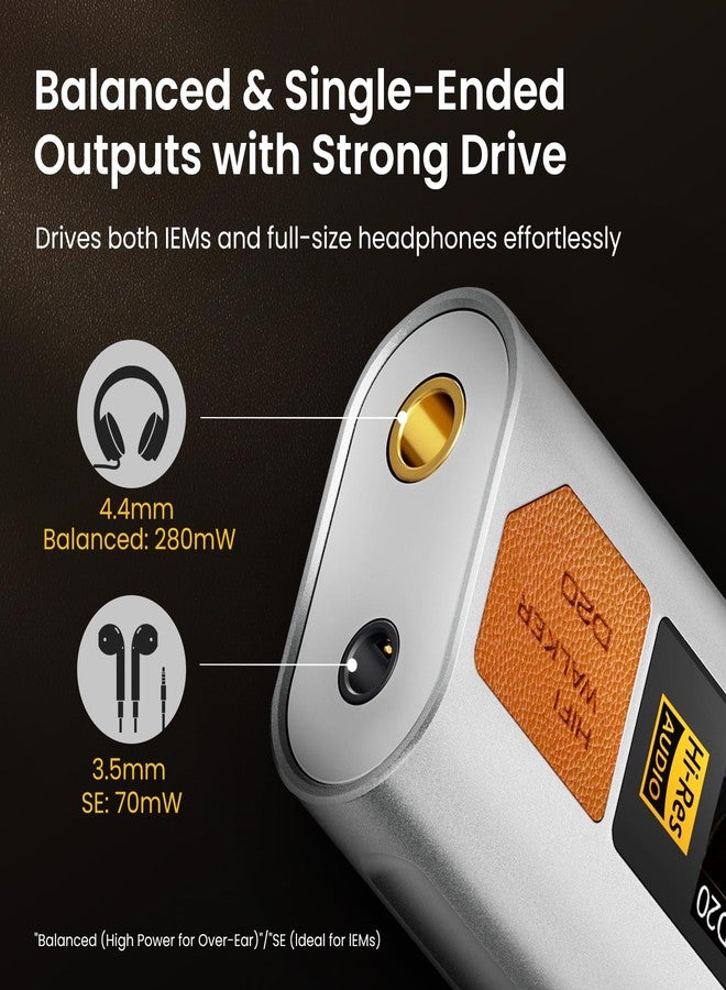 HIFI WALKER D20 DAC512 Portable Headphone Amp/DAC - USB Hi-Res Audio Dongle with 4.4mm Balanced & 3.5mm Output, ES9038Q2M + CT7601PR, Support PCM 768kHz/DSD512, CNC Aluminum, OLED Display - Image 4