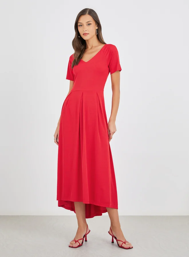 ستايلي Styli Women Red Plain V Neck A-Line Midi Dress with High Low Hem