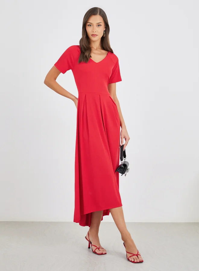 ستايلي Styli Women Red Plain V Neck A-Line Midi Dress with High Low Hem